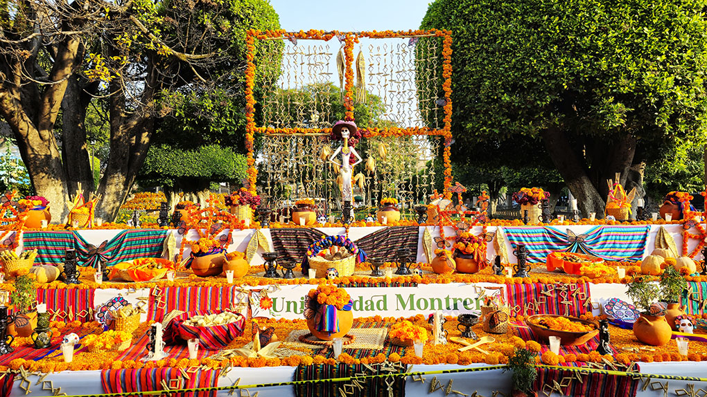Altares llenos de ofrendas y flor de cempasúchil en la Plaza de Armas de Morelia - Día de Muertos en México