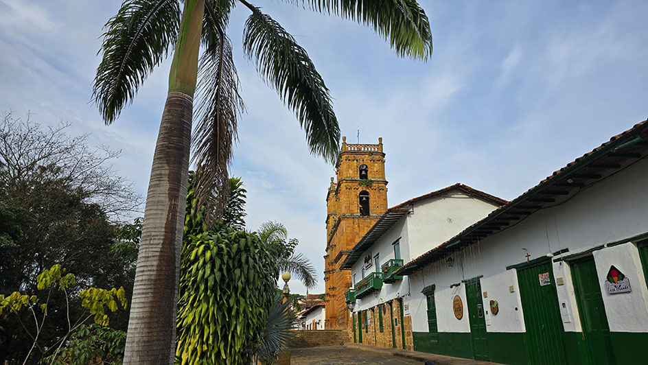 Torres de la Catedral al fondo junto con arquitectura colonial en tonos blanco y verde y una palmera al frente - Qué ver en Barichara