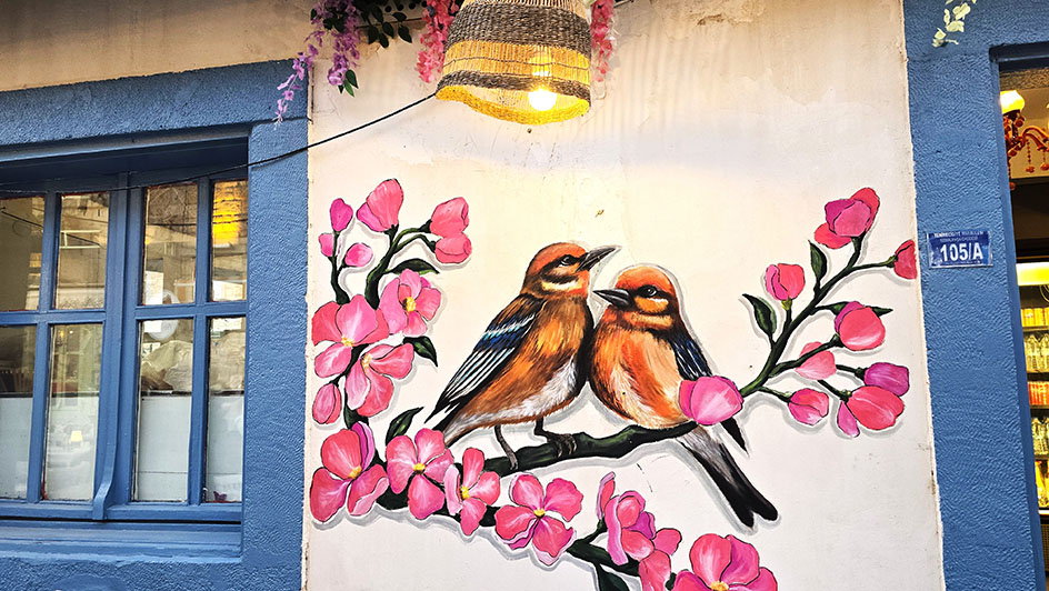 Mural con dos pajaritos sobre unas buganvillas - Qué ver en la Costa Turquesa