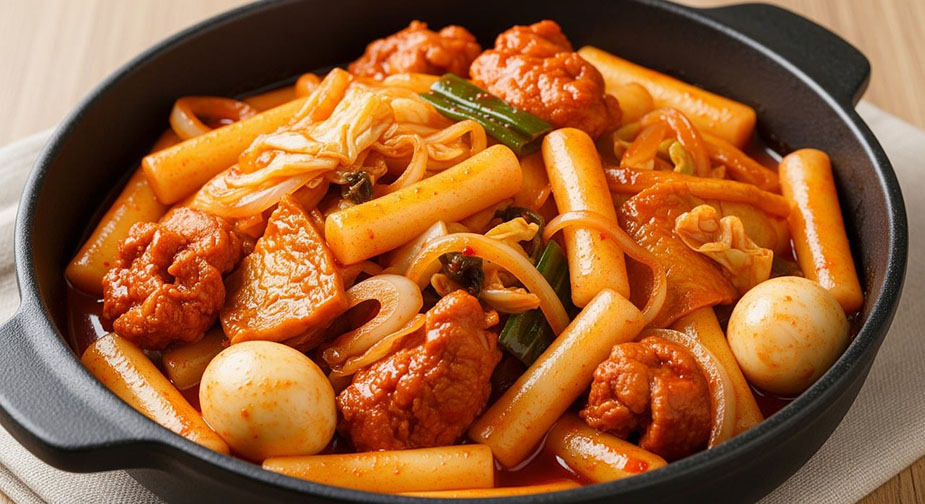 Qué comer en Corea del Sur: Plato de Tteokbokki con carne y huevos cocidos