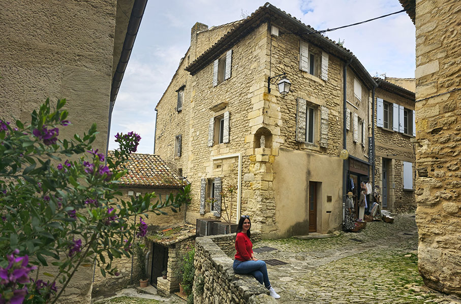 Sentada entre calles empedradas y fachas de piedra con unas flores moradas a la izquierda - Qué ver en Gordes