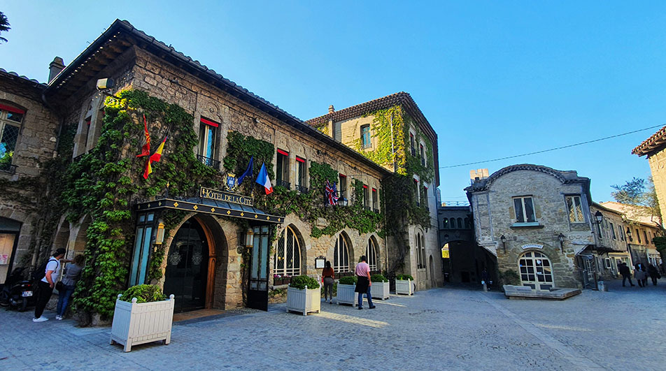 Edificio con trepadoras y banderas a la izquierda en un plaza - Qué ver en Carcassonne