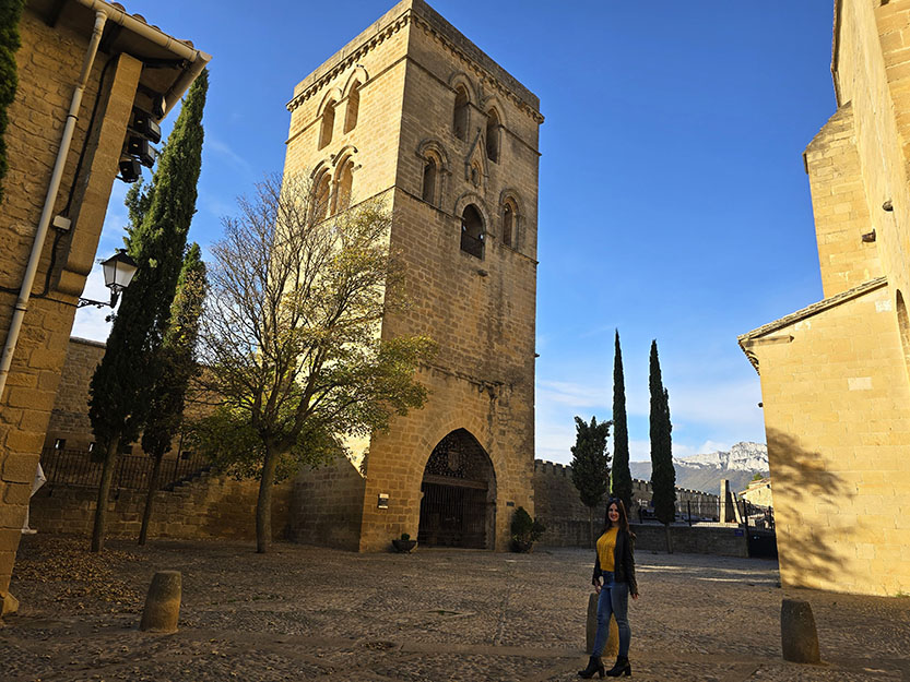 Frente a la Torre Abacial con algunos árboles alrededor - Qué ver en Laguardia