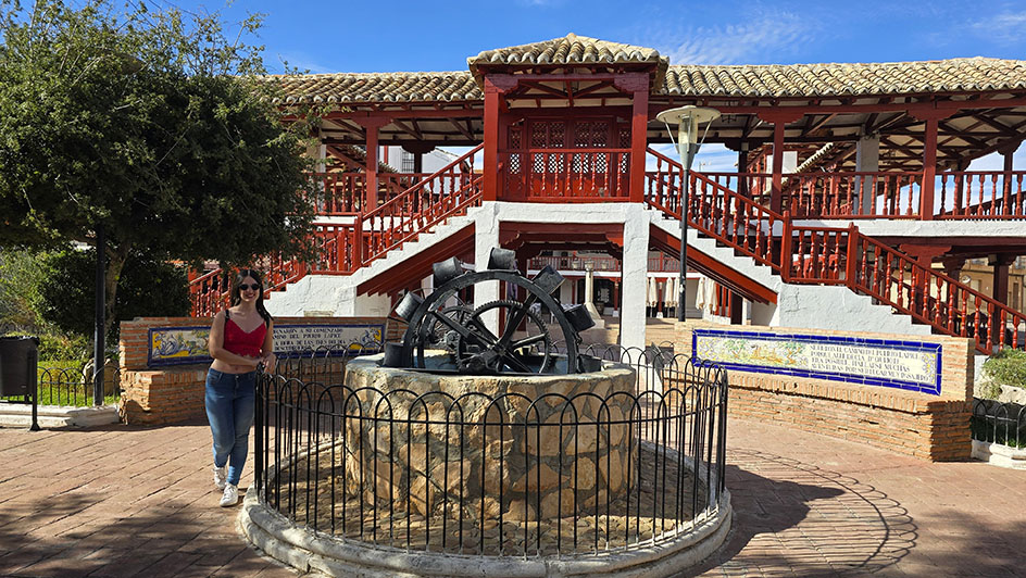 Apoyada sobre una noria tradicional, frente a dos bancos de ladrillo con azulejos y detrás una plaza de dos pisos con balcones de madera rojos - Qué ver en Puerto Lápice