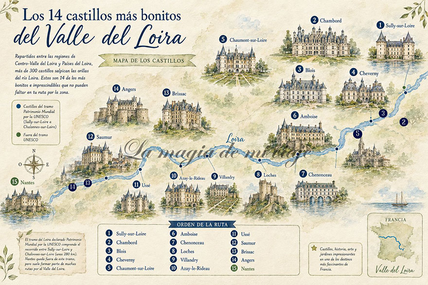 Mapa con los castillos del Loira más bonitos