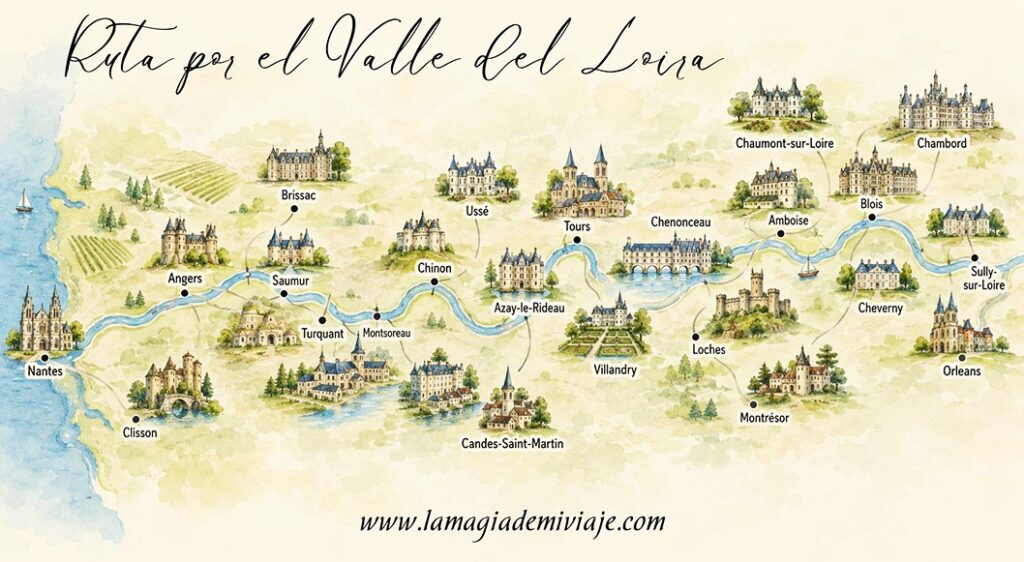 Mapa con la ruta por el Valle del Loira